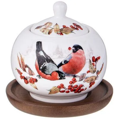 Сахарница фарфоровая "СНЕГИРИ" Лесная сказка 380мл на дерев.подставке в под.уп