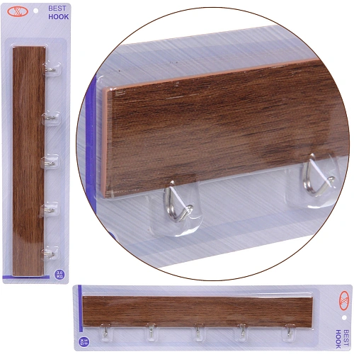 Планка настенная с крючками 5 шт на липкой основе "БАСТОФ", цвет дерево, нагрузка 3кг/31,5*4см 