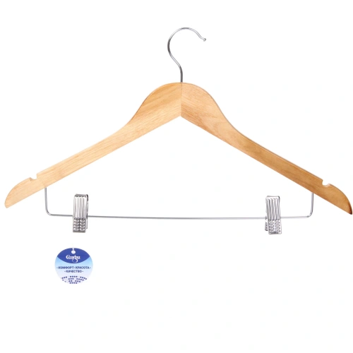 Плечики деревянные с выемками и подвижными зажимами 1шт "ДОМания", цвет натуральное дерево, 45*34*23см (Селфи)●